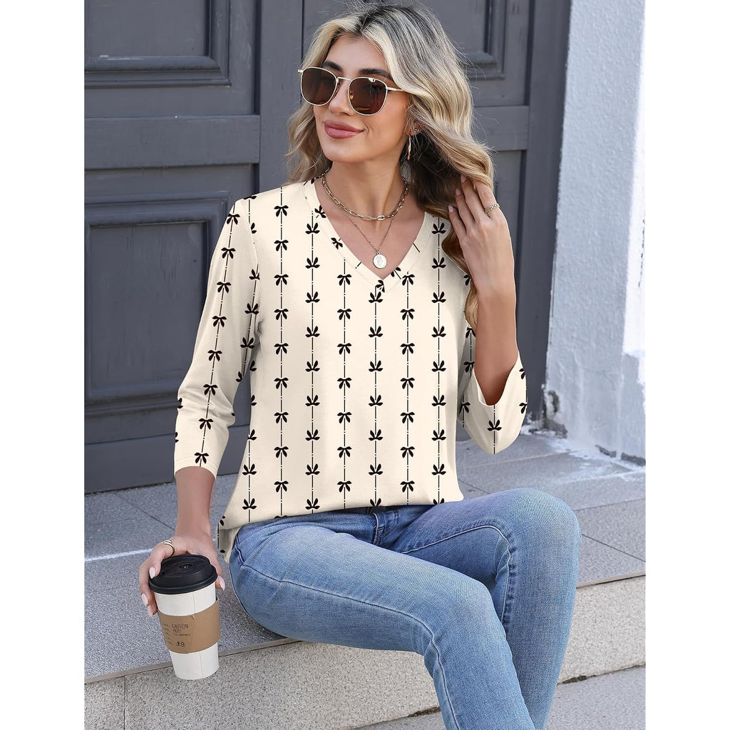 Lomon Women's V Neck T Shirts 3/4 Sleeve Blouse Summer Tops Dressy Casual Basic Tees