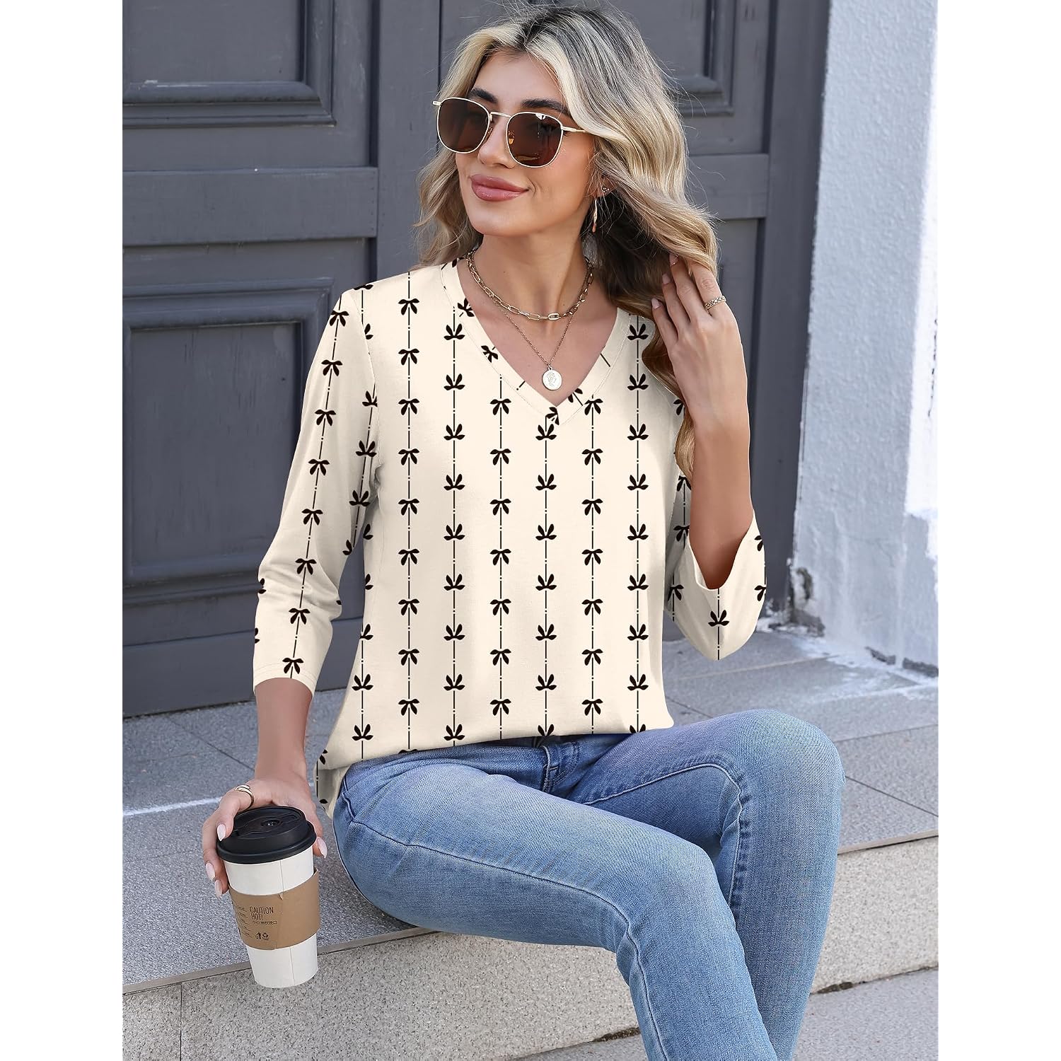 Lomon Women's V Neck T Shirts 3/4 Sleeve Blouse Summer Tops Dressy Casual Basic Tees