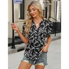 Women's Puff Sleeve Henley Tunic Top Black/White Flower