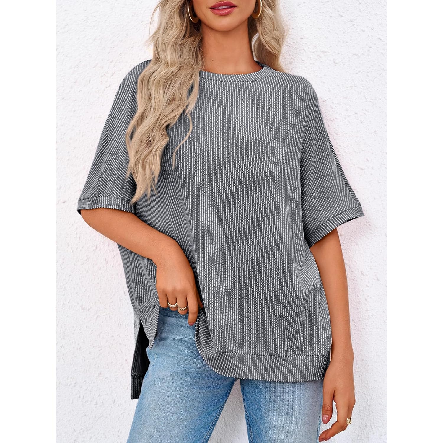 Women's Ribbed Batwing Tunic Top Grey