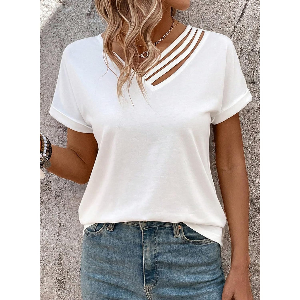 LOLONG Womens Short Sleeve V Neck T Shirts Summer Cut Out Casual Basic Work Tee Tops