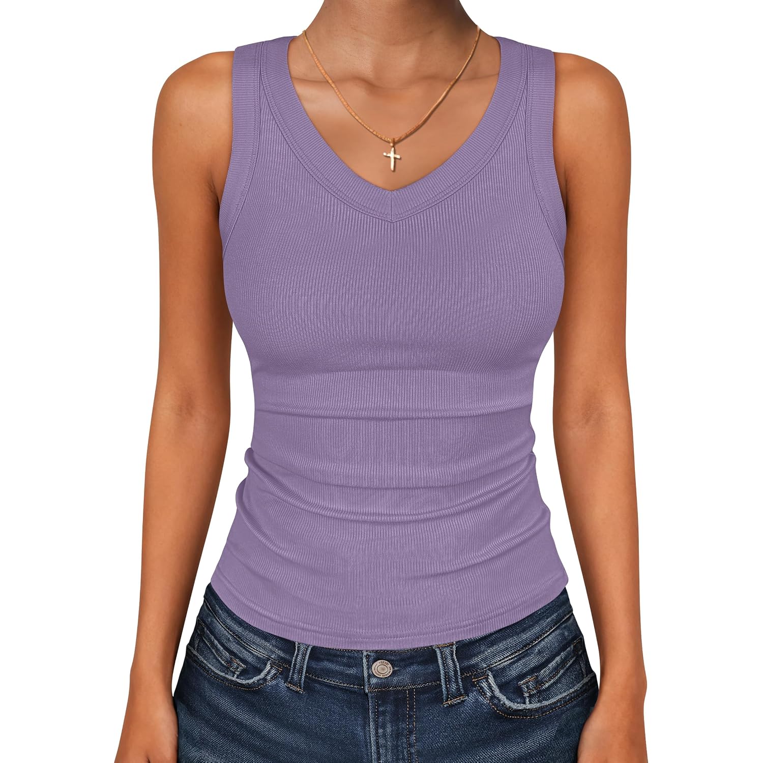 ANRABESS Tank Tops for Women V Neck Ribbed Knit Slim Fitted Sleeveless Basic Tee Tanks Casual Summer Clothes 2026