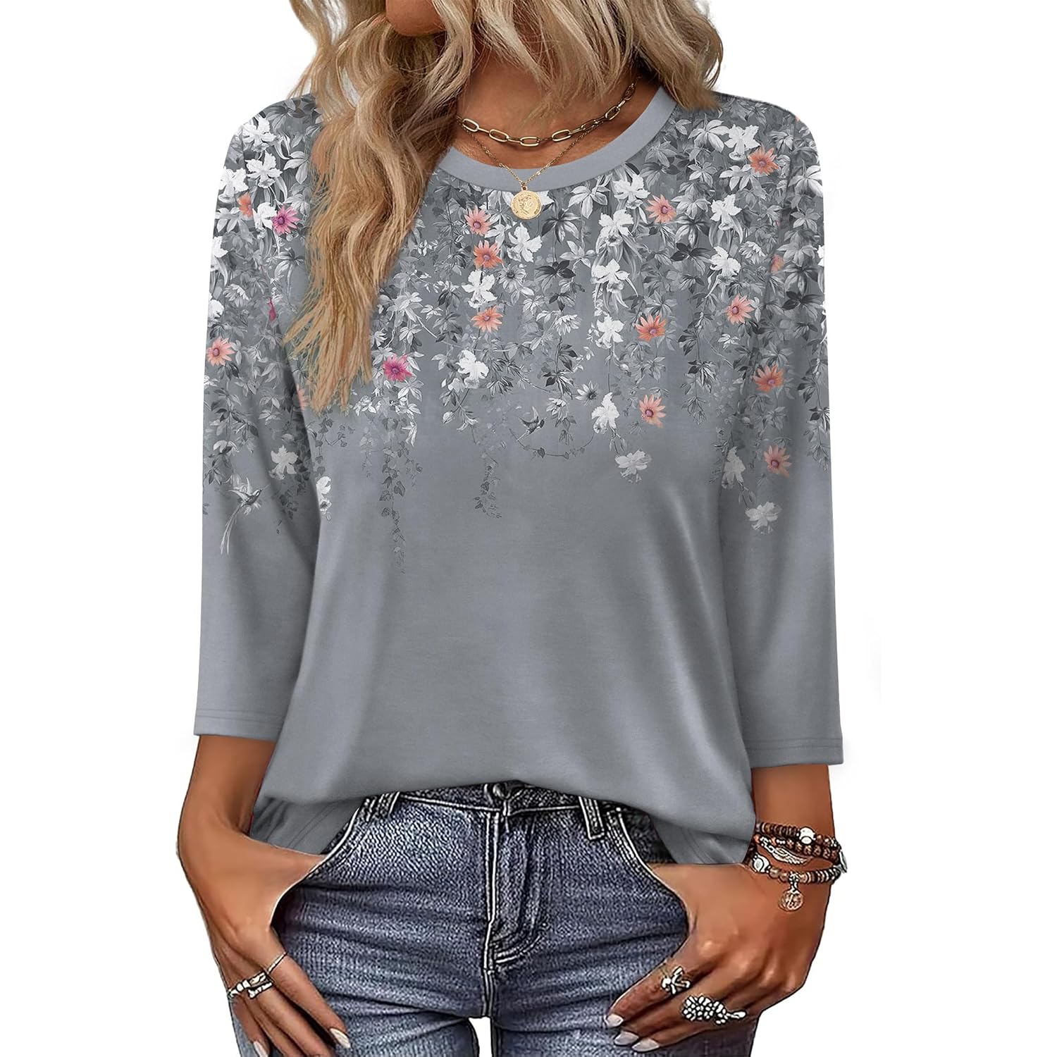 OFEEFAN 3/4 Length Sleeve Womens Tops Dressy Casual Blouses Crew Neck T Shirt Fashion Clothing Loose Fit