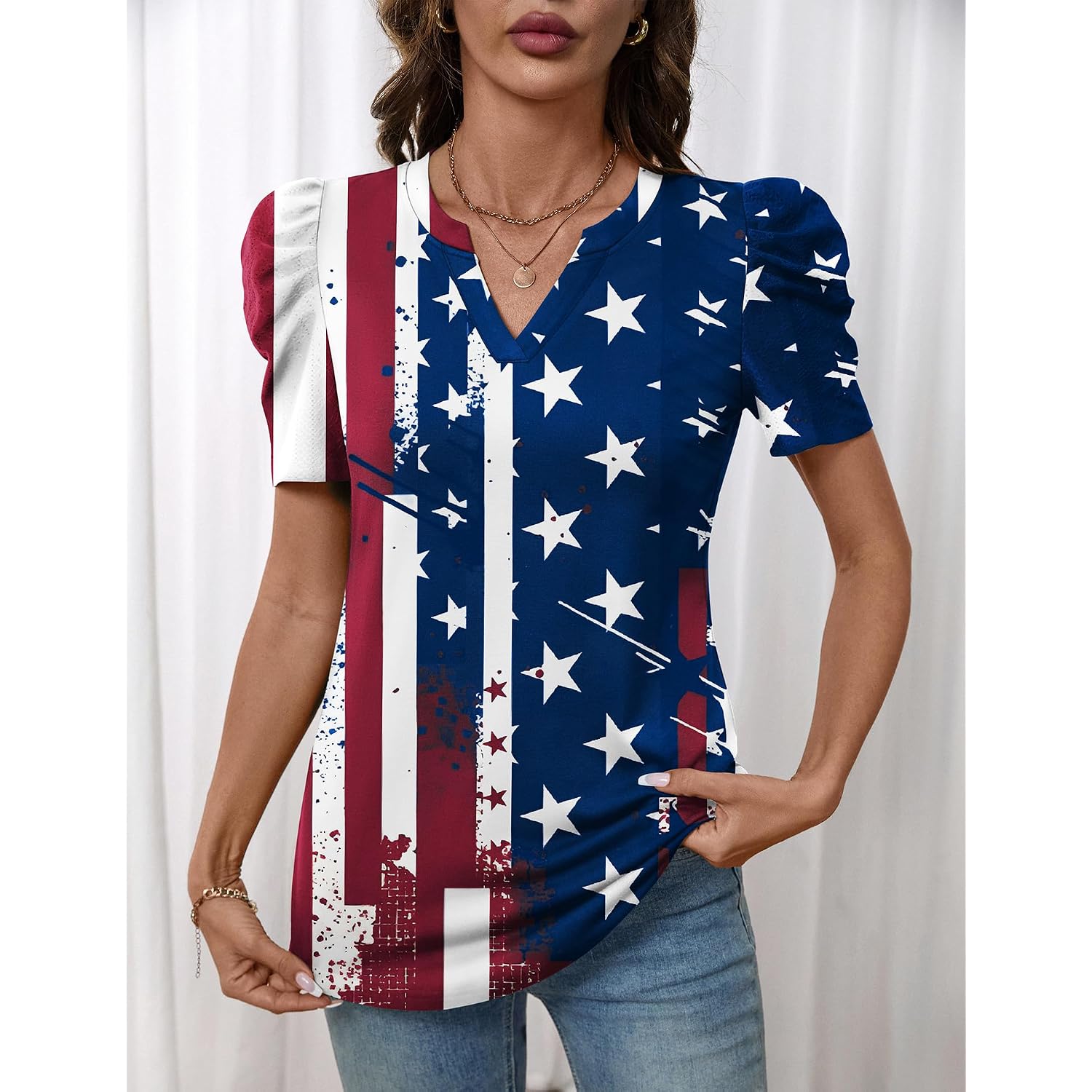 LOMON Spring Summer Tops for Women 2026 V Neck Puff Short Sleeve Tops Fashion Trendy Work Blouses Dressy Casual S-XXL