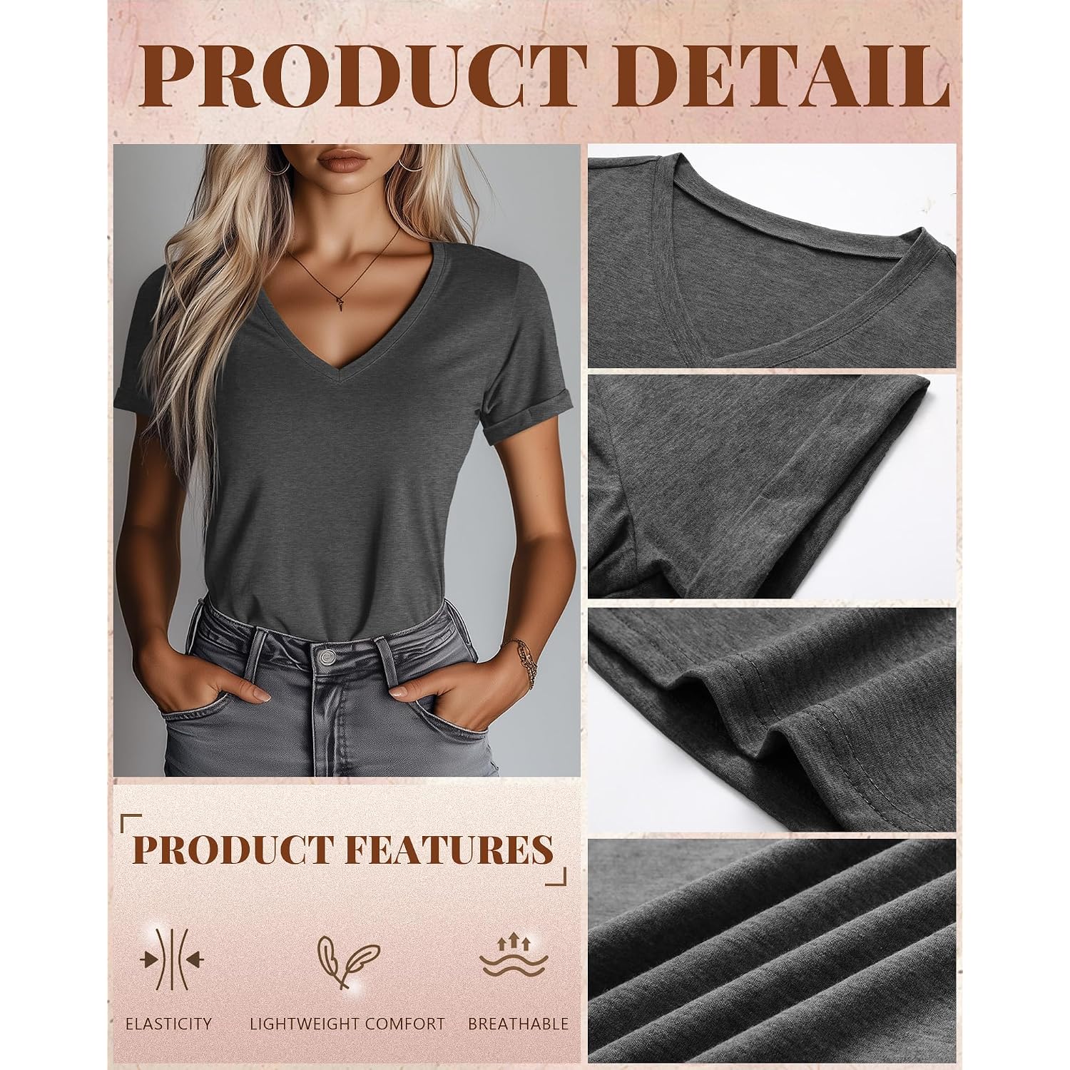 Ficerd 3 Pack Women's V Neck T Shirts, Summer Casual Short Sleeve Tops Loose Fit Rolled Sleeve Tees Trendy Shirts