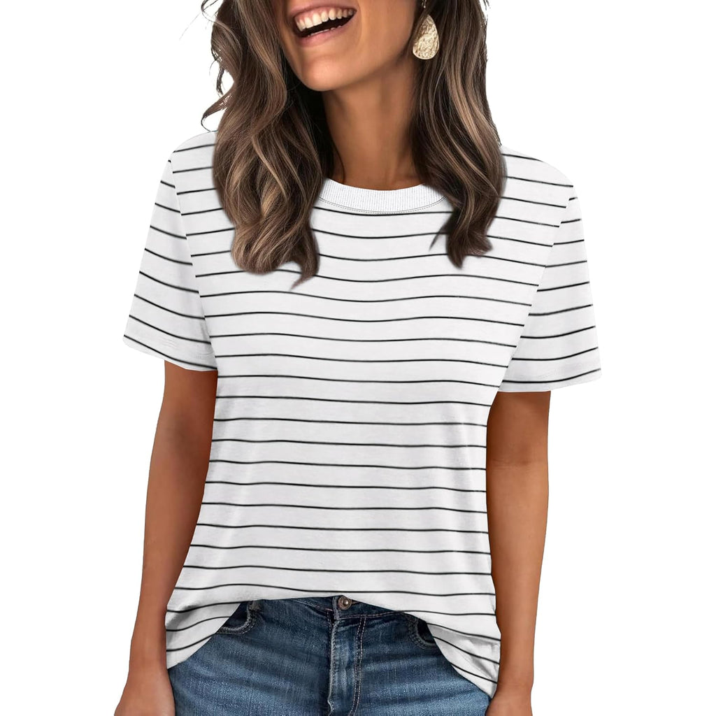 Jescakoo Womens Tops Summer Short Sleeve Ribbed Trim Crewneck T Shirts Spring Vacation Outfits Fashion Clothing Basic Tee
