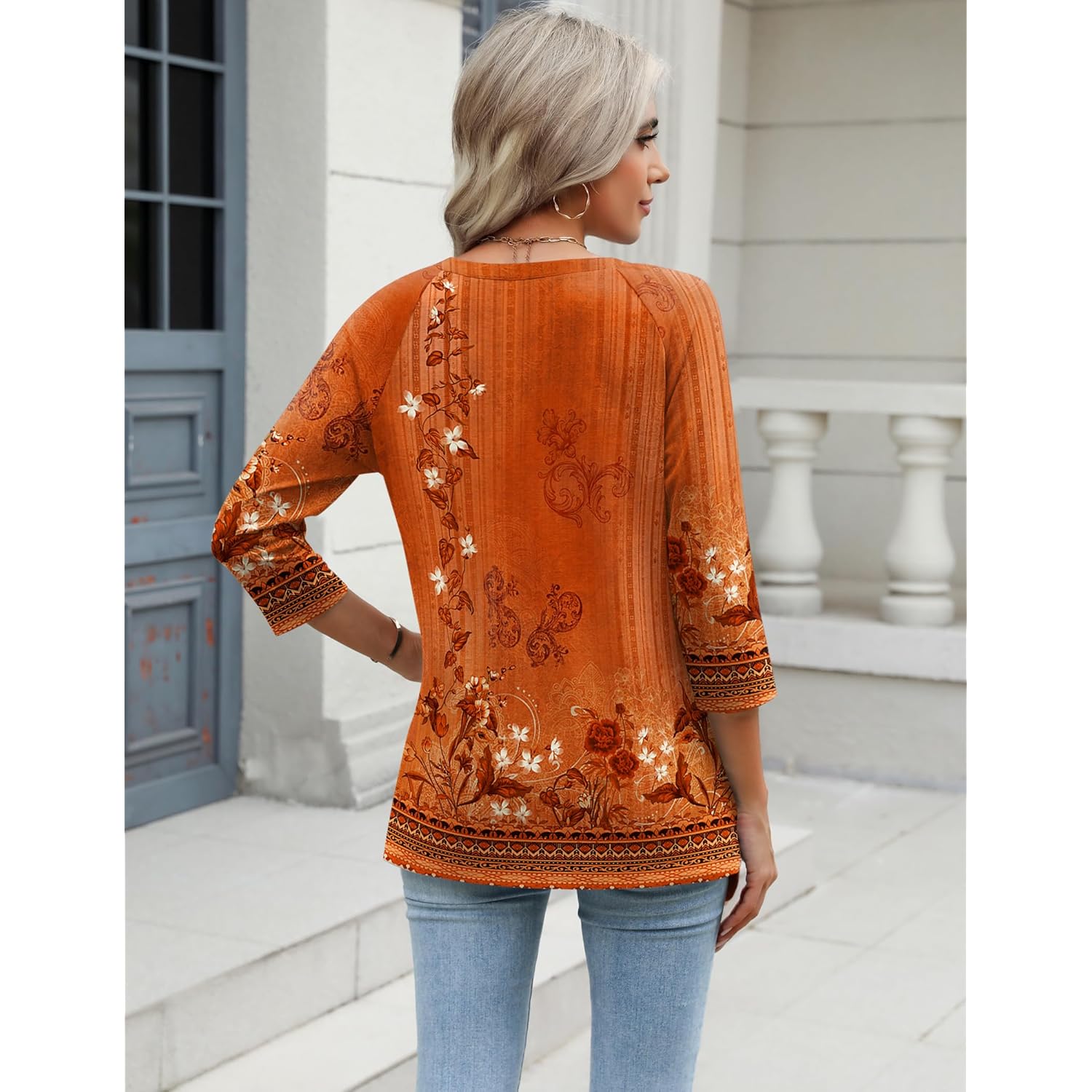Women's Soft Basic V-Neck Tunic Top Caramel Print