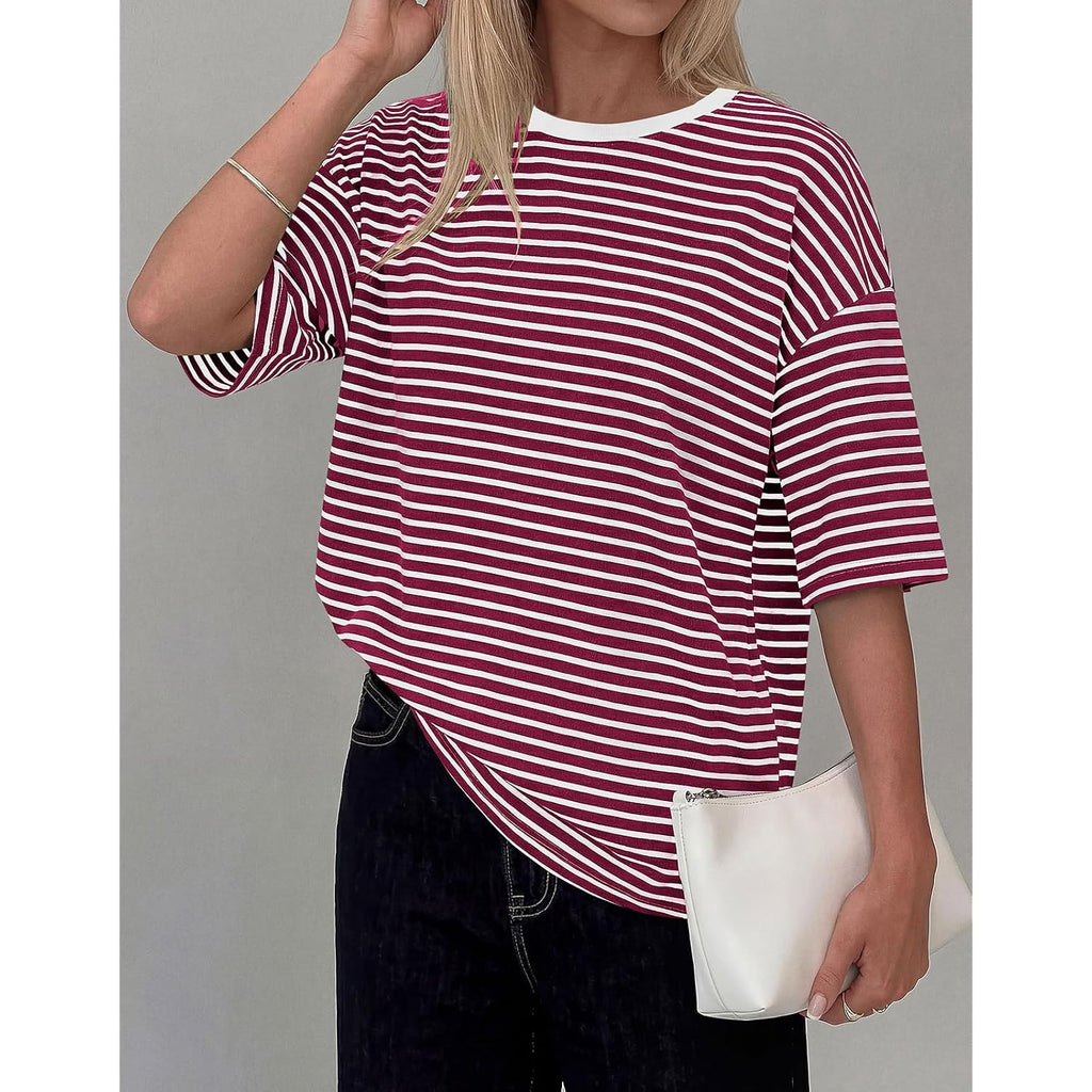 PRETTYGARDEN Women Short Sleeve Crewneck Ribbed Knit Oversized Tshirts 2026 Striped Summer Tops Basic Tee Casual Outfits
