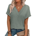 OFEEFAN Womens Short Sleeve Sweater Waffle Knit Tops V Neck Spring Summer T Shirts Casual Blouses Outfits Solid/Striped