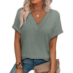 OFEEFAN Womens Short Sleeve Sweater Waffle Knit Tops V Neck Spring Summer T Shirts Casual Blouses Outfits Solid/Striped