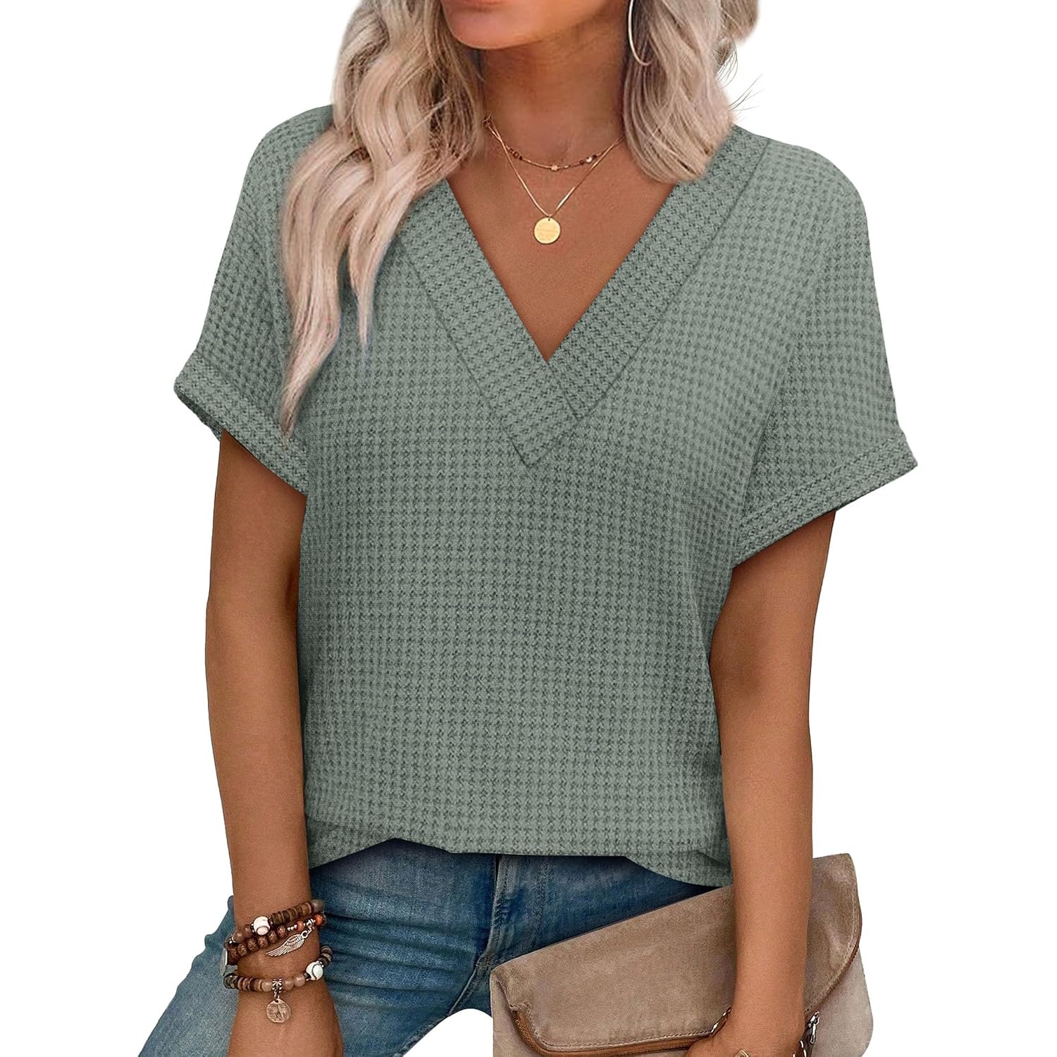 OFEEFAN Womens Short Sleeve Sweater Waffle Knit Tops V Neck Spring Summer T Shirts Casual Blouses Outfits Solid/Striped