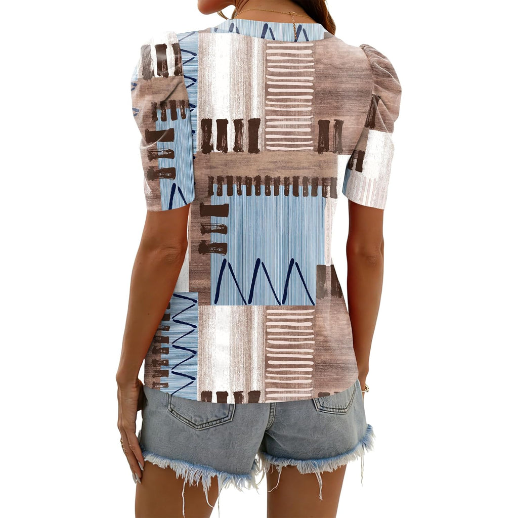 Women's Puff Sleeve V-Neck Tunic Top Brown/Blue Plaid