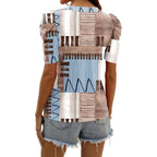 Women's Puff Sleeve V-Neck Tunic Top Brown/Blue Plaid