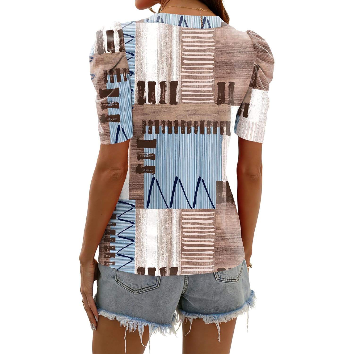 Women's Puff Sleeve V-Neck Tunic Top Brown/Blue Plaid