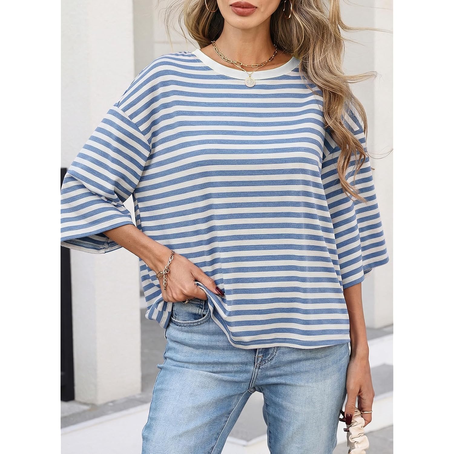 Dokotoo Womens Tops 2026 Striped Tie Back Short Sleeve T Shirts Crewneck Casual Loose Basic Tee Summer Outfits