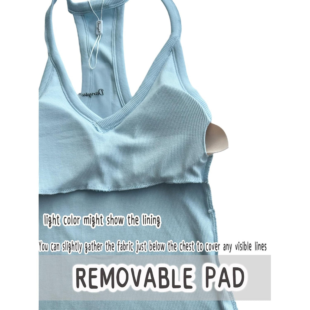 Danysu V Neck Racer Back Tank Top for Women Padded Ribbed Long Tank Fitted Basic Cami Tops