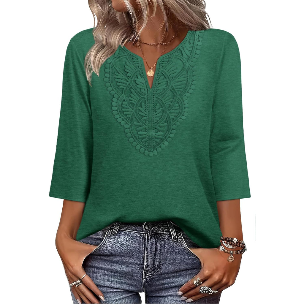 Women's Boho Lace V-Neck Tunic Top Light/Dark Green