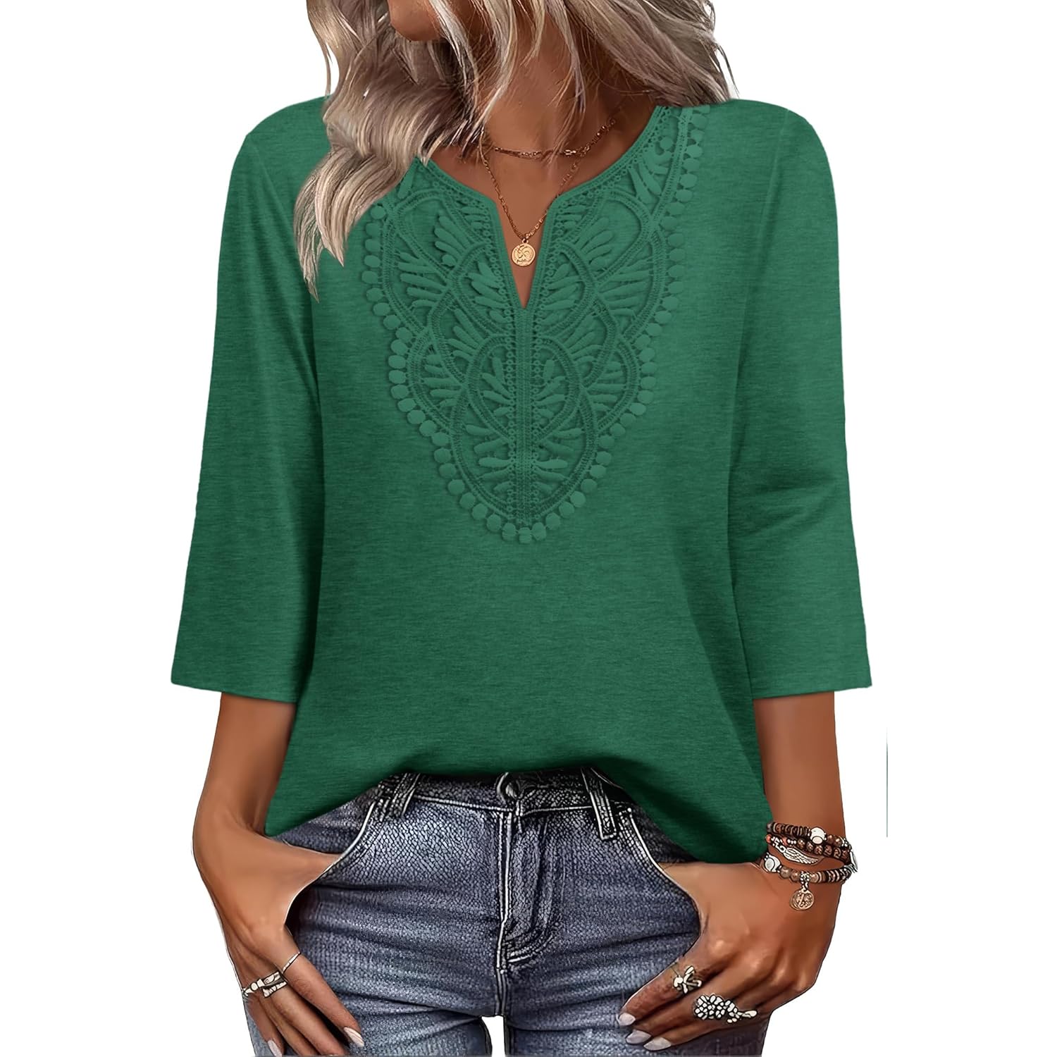 Women's Boho Lace V-Neck Tunic Top Light/Dark Green