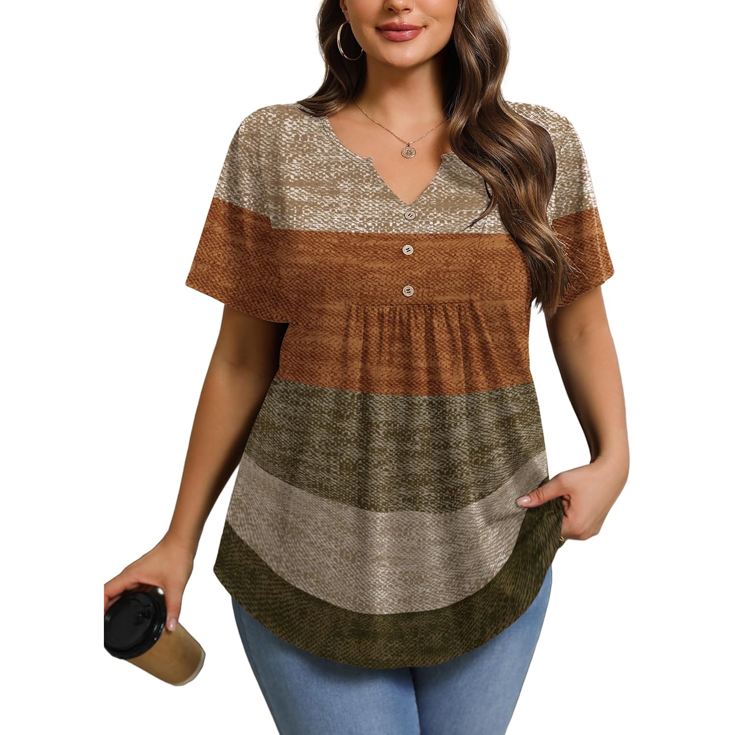 Women's Button-Up Pleated V-Neck Tunic Top Multicolor Block