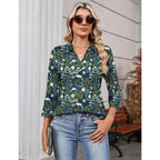 Women's 3/4 Sleeve Collared Polo Shirt Navy Blue Floral