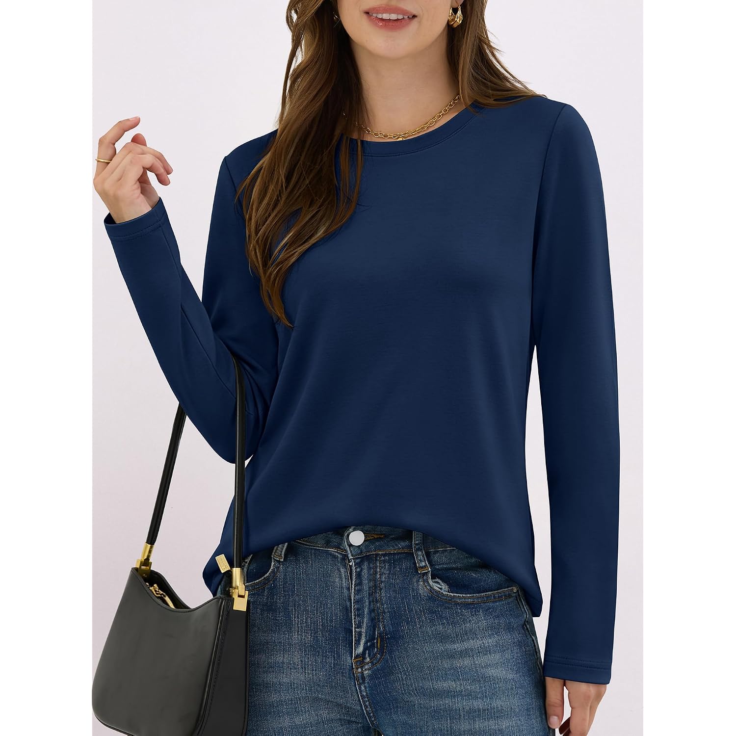 ANRABESS Long Sleeve Shirts for Women,Soft Stretchy Wrinkle-Free Tops,Casual Crew Neck T Shirt for Work Daily Fall