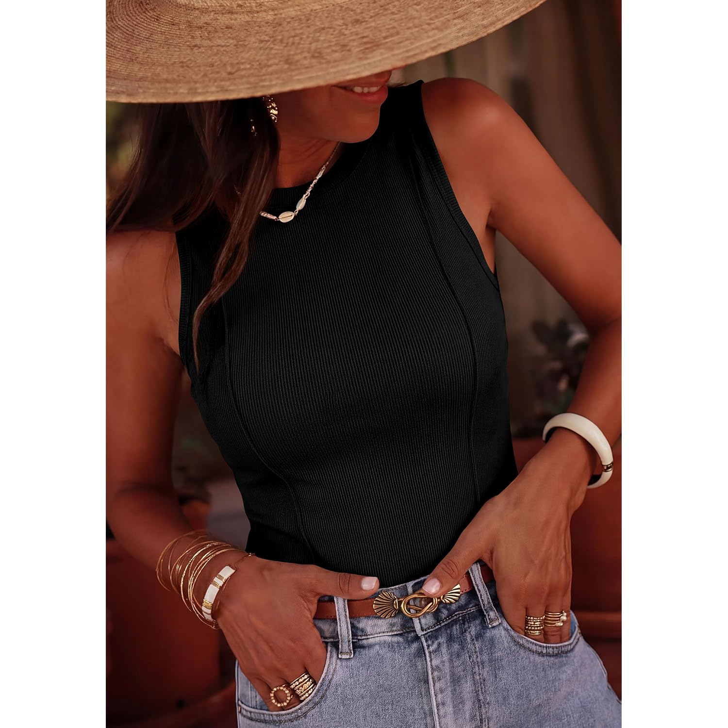 PRETTYGARDEN Sleeveless Tops for Women 2026 Summer Ribbed Tank Top Fitted Shirts Basic Tees Cute Spring Going Out Y2k Clothes