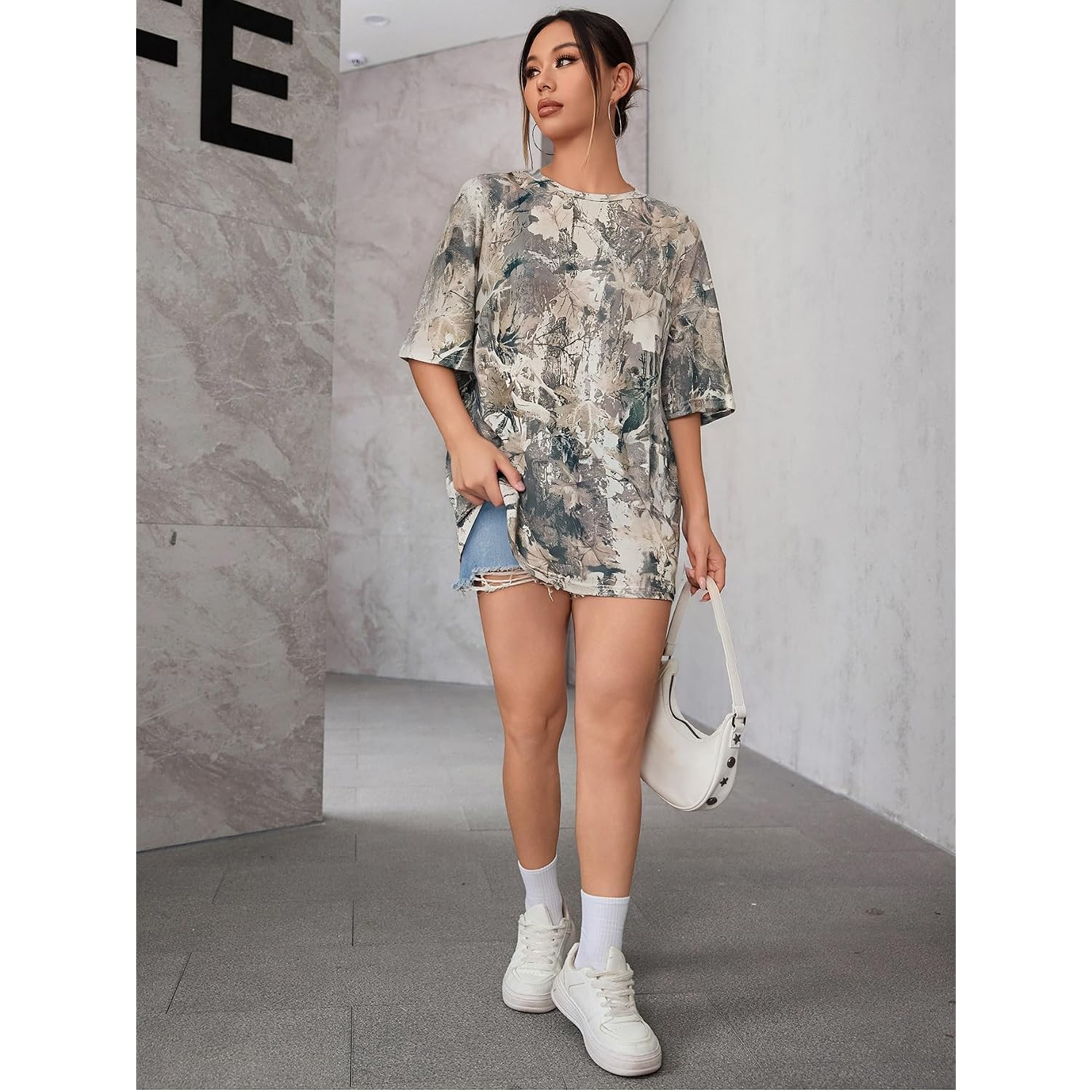SOLY HUX Women's Camo Print T Shirts Loose Short Sleeve Crew Neck Drop Shoulder Tee Tops Streetwear