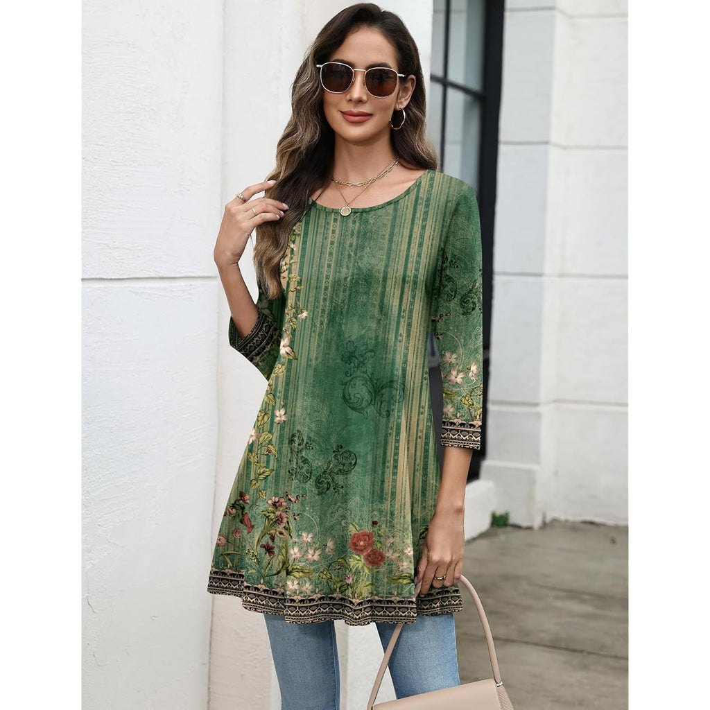 Women's Swing Flare Tunic Top Green Floral