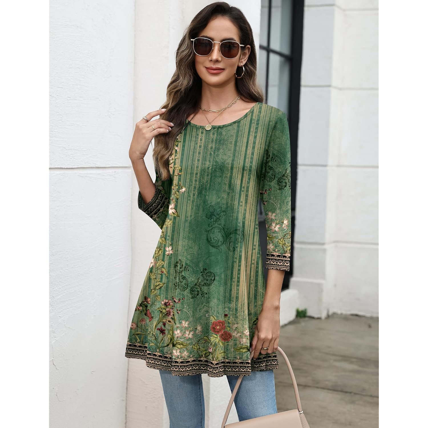 Women's Swing Flare Tunic Top Green Floral