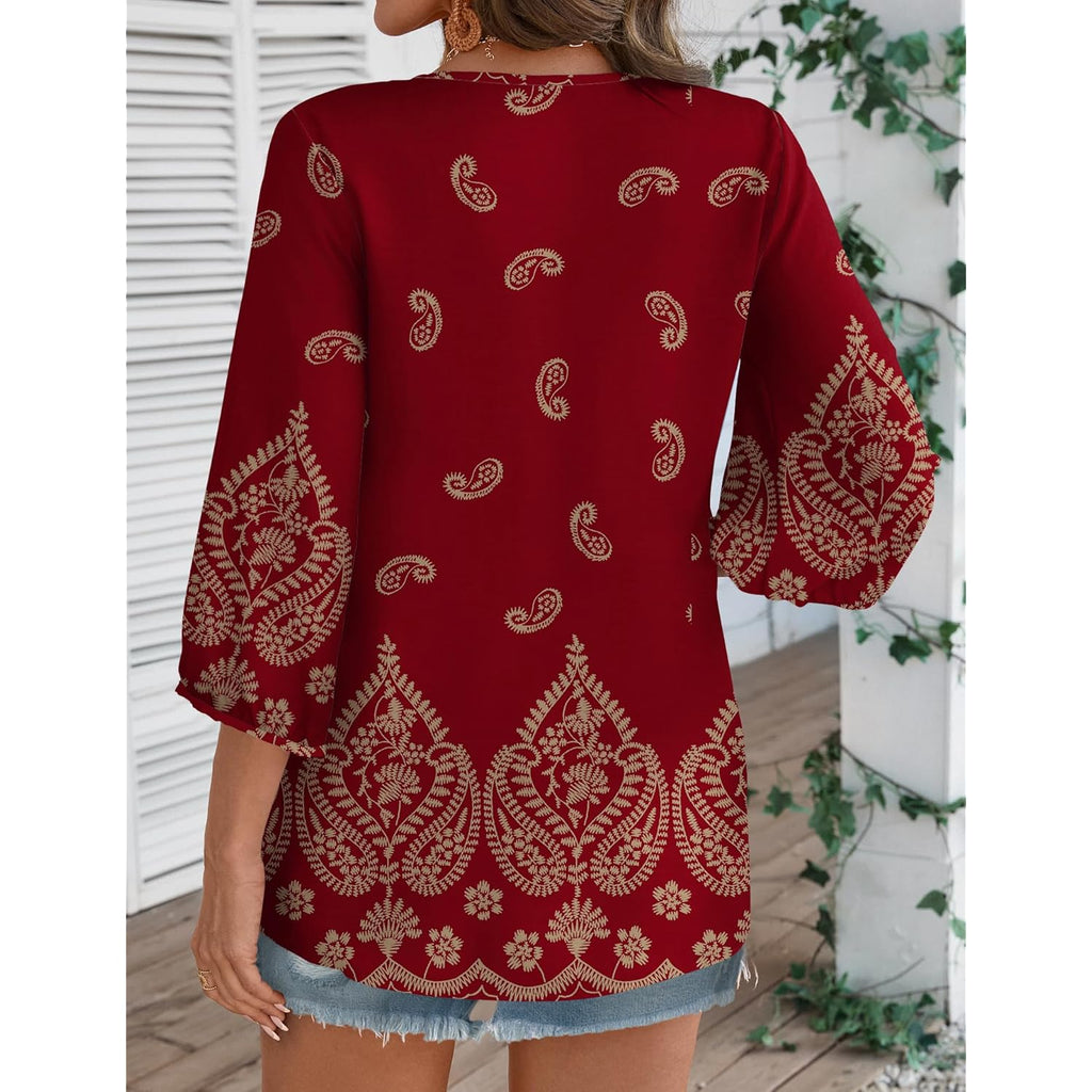 Women's Tie Front Boho Tunic Top Claret Red
