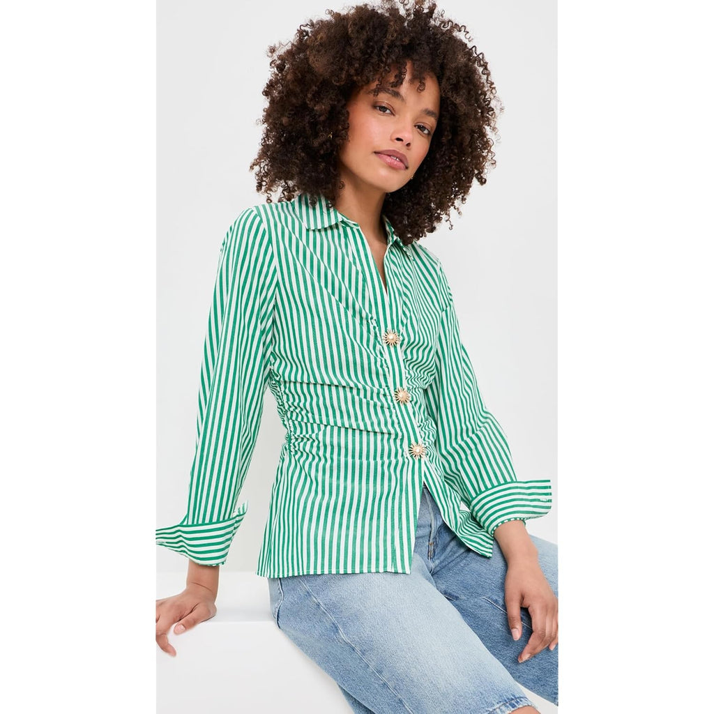 Women's Carayln Top  Button Down Shirt Emerald Stripe
