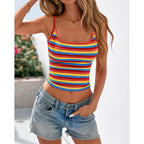 PRETTYGARDEN Women Summer Crop Tops Sleeveless Spaghetti Strap Tank Striped Cami Knit Y2K Clothes Slim Fit Spring Shirts