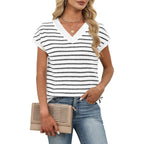 WIHOLL Womens Short Sleeve Sweater V Neck Cute Tops Trendy Spring Summer Striped Pullover Crochet Sweater Vest