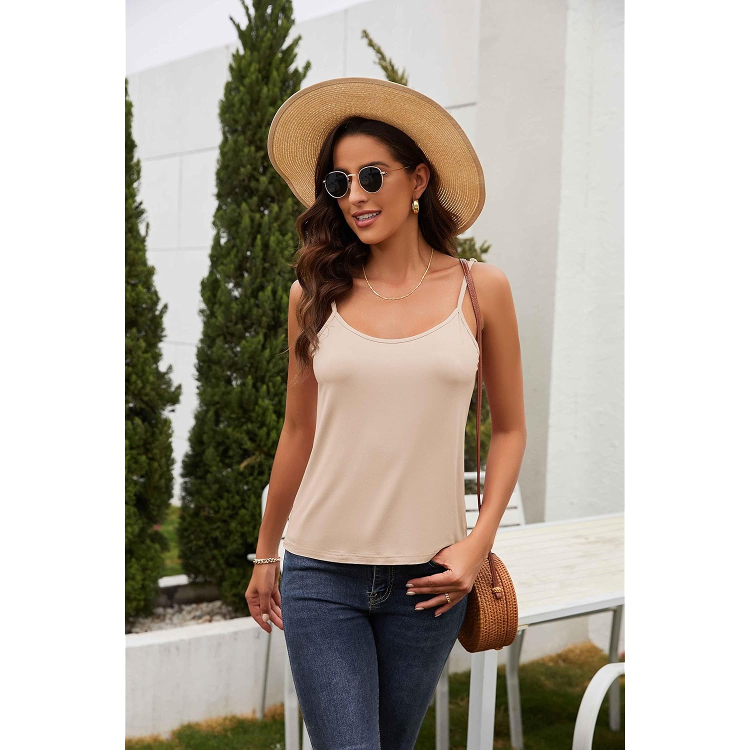 Women's Adjustable Spaghetti Strap Tank Top Beige