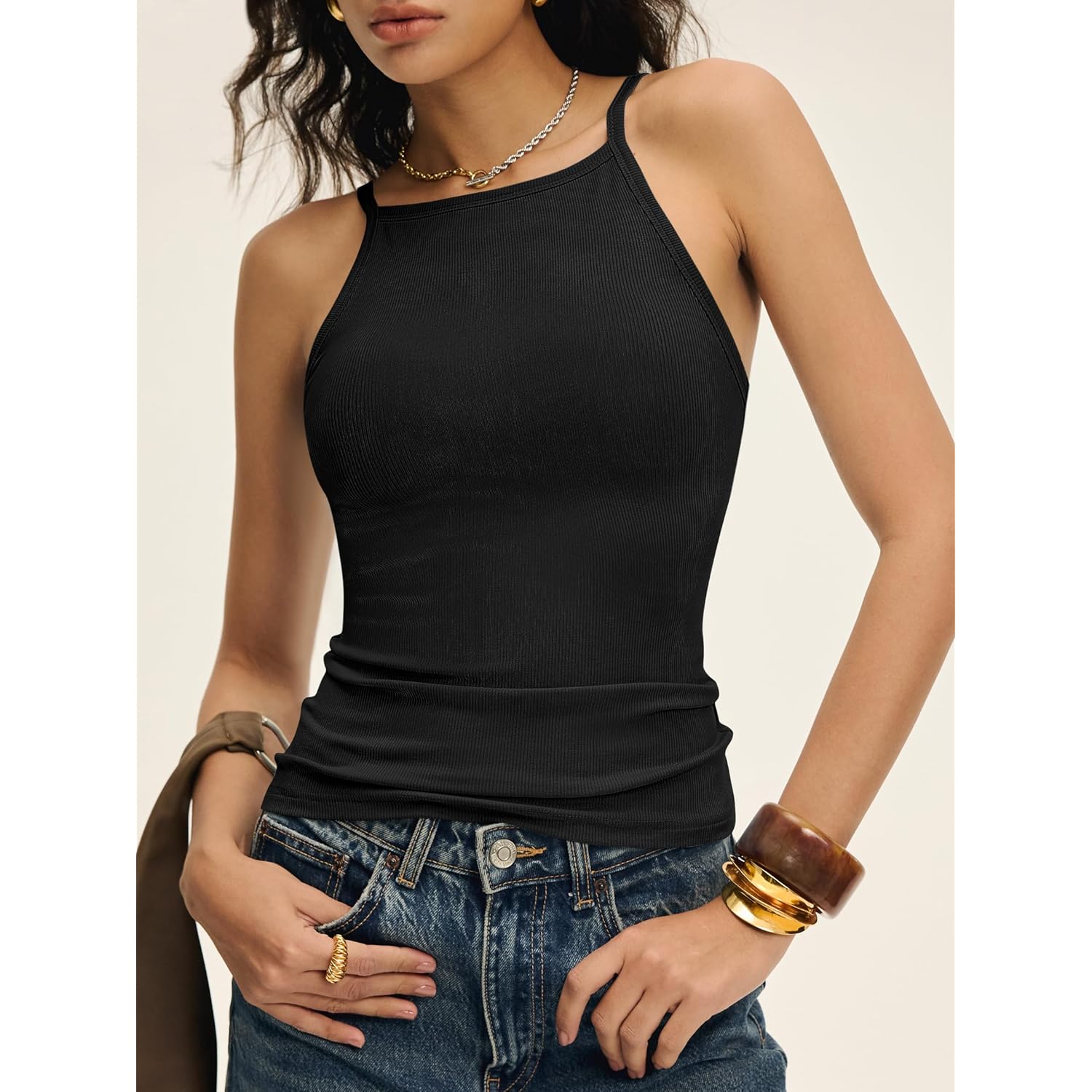 Women's High Square Neck Tank Top Black