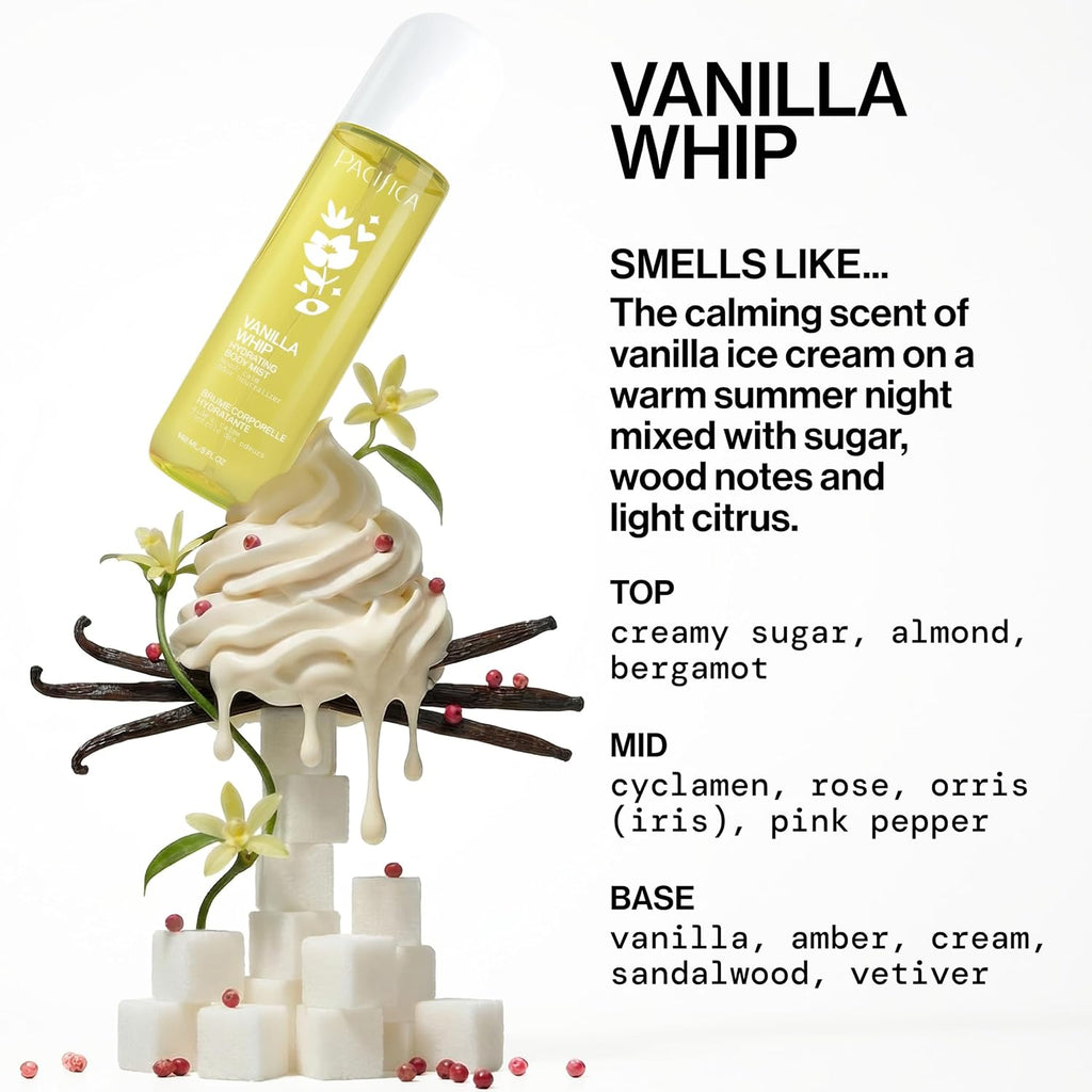 Pacifica Vanilla Whip Body Mist for Women; Sweet Gourmand Hair and Body Fragrance Spray | Warm Sugar Almond Scent, Odor Neutralizing, Skin Hydrating | Clean Botanical Mist | Vegan, Phthalate-Free 5oz