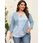 Women's Keyhole Neck Tunic Top White/Blue Stripe Print