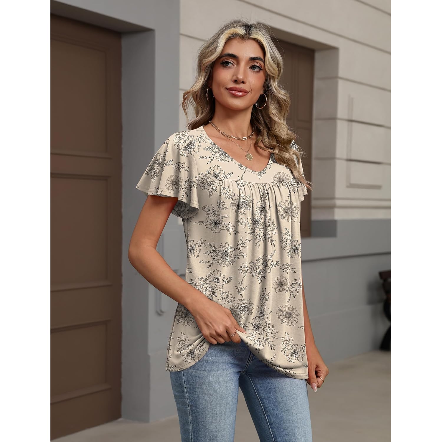 Women's Ruffle Sleeve V-Neck Tunic Top Beige Floral