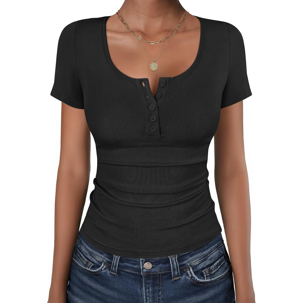 ANRABESS Womens Short Sleeve Henley Shirts Ribbed Slim Fitted Tee Summer Work Tops 2026 Button Blouse Spring Vacation Clothes