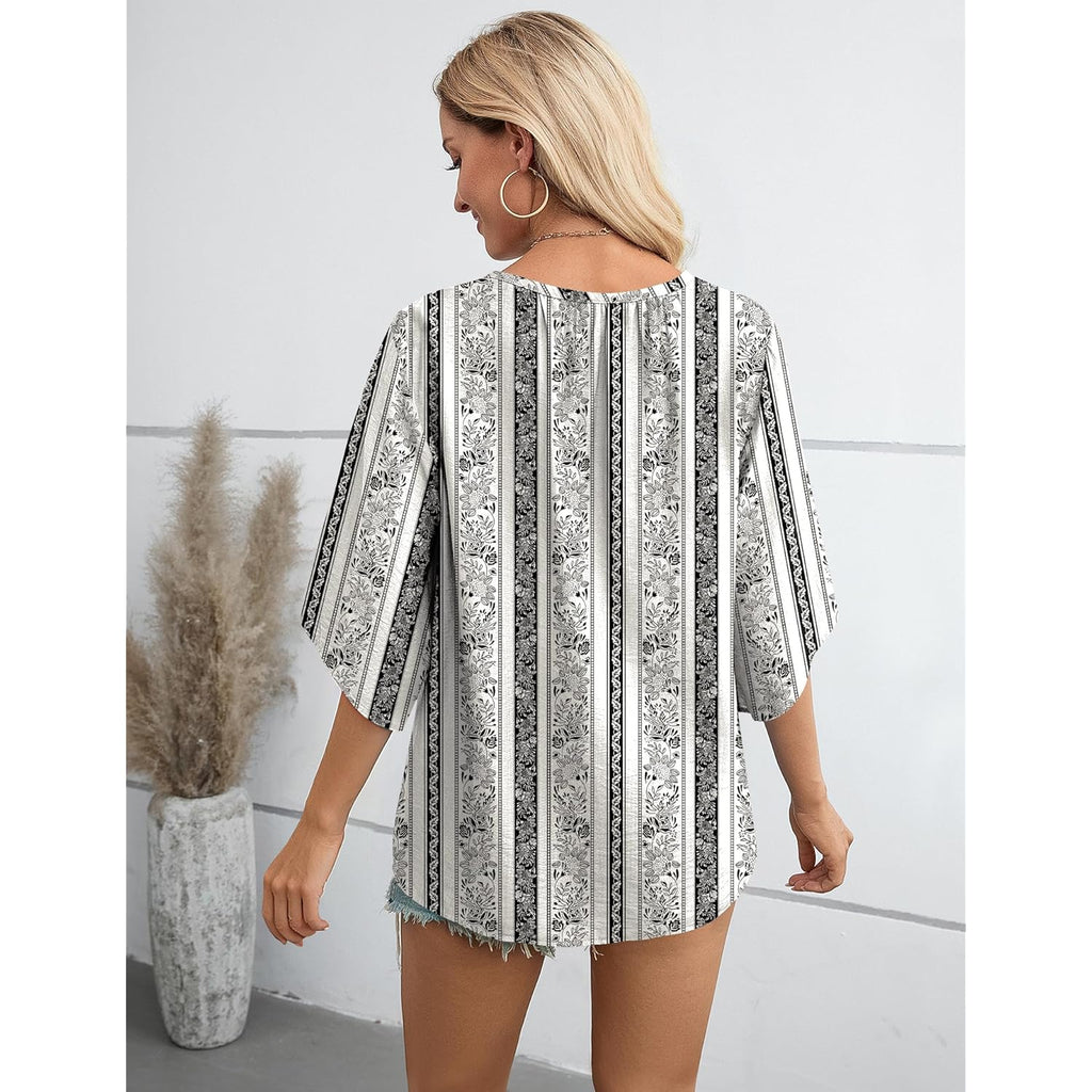 Women's Boho V-Neck Tunic Top Multicolor Black