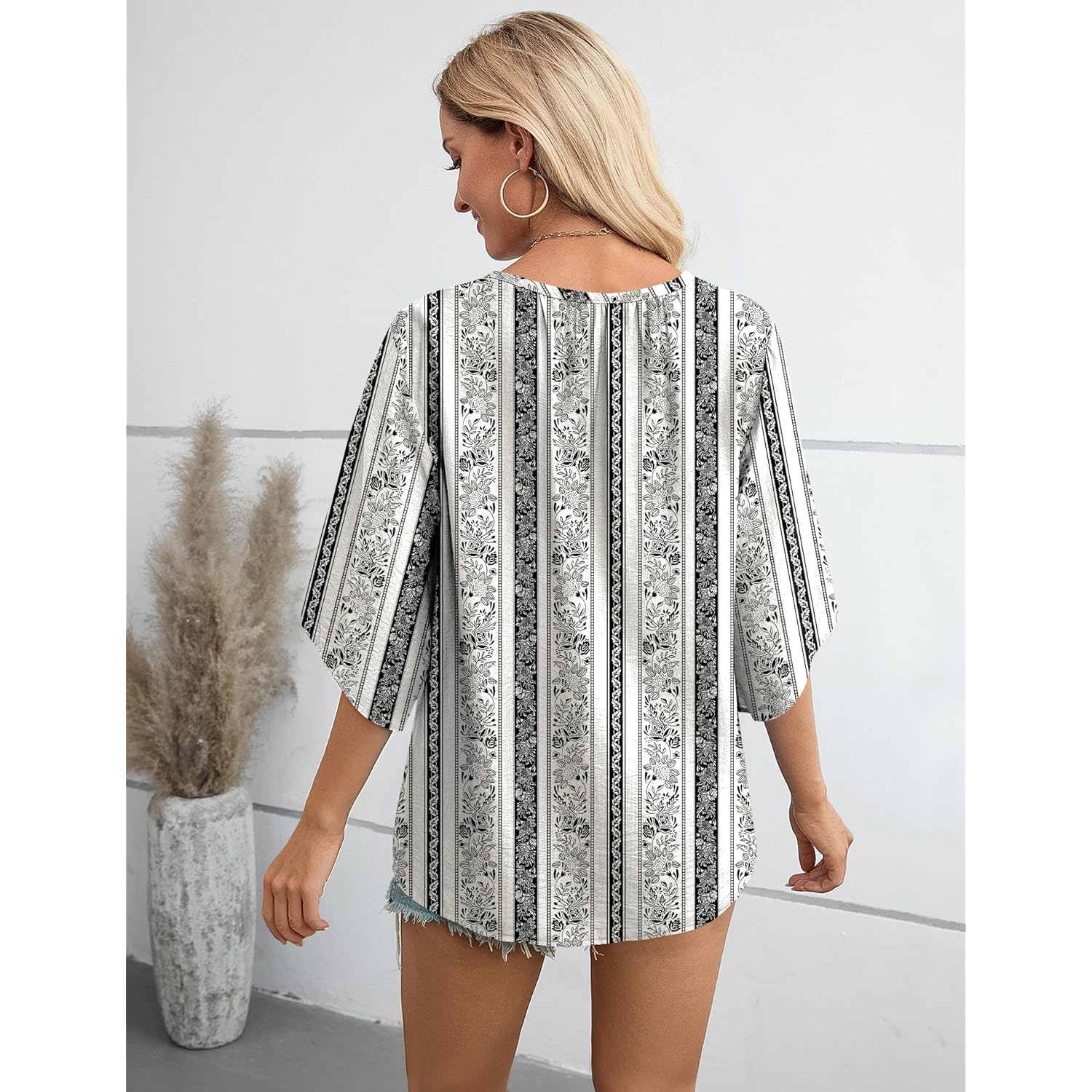 Women's Boho V-Neck Tunic Top Multicolor Black