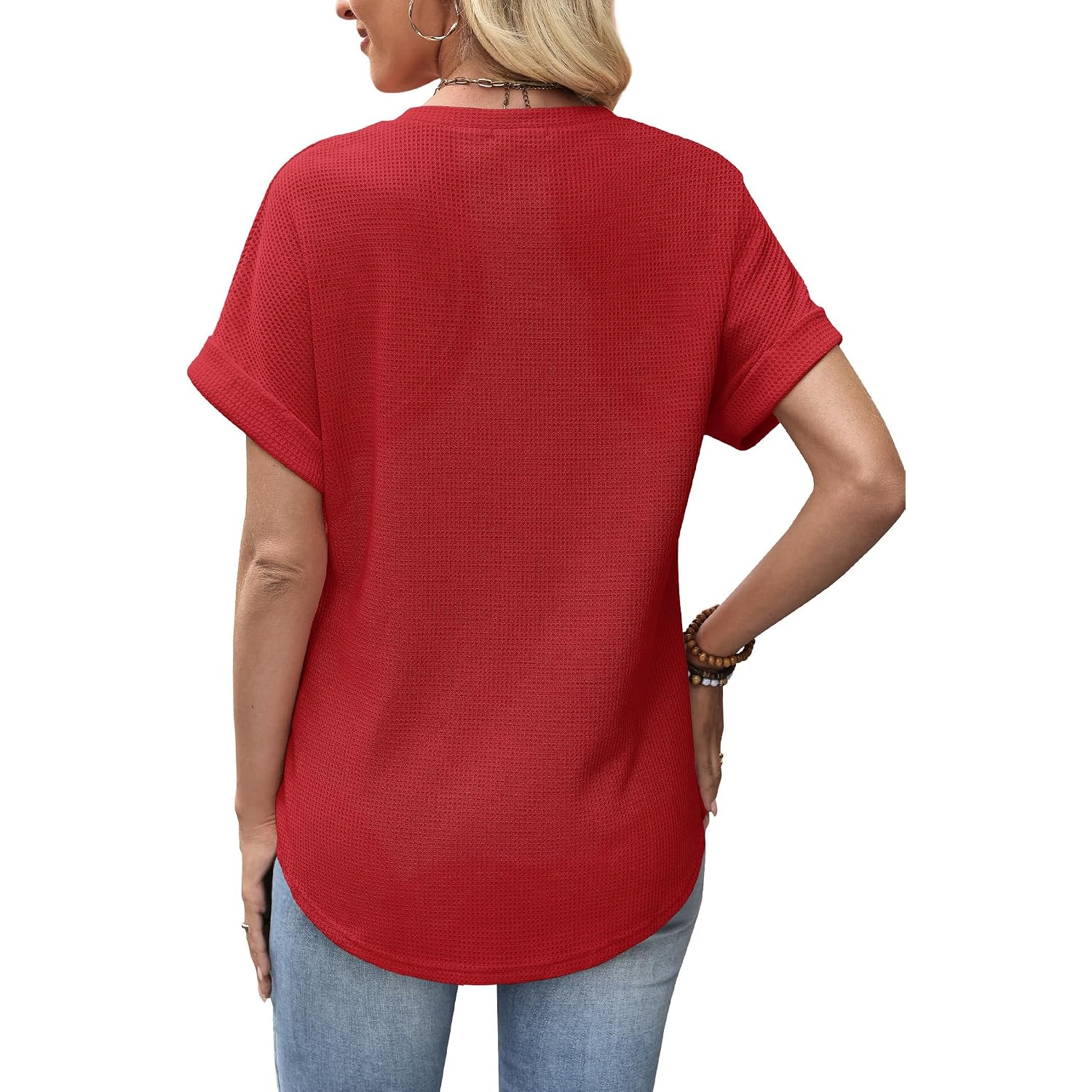 Sampeel Summer Tops for Women 2026 Trendy Rolled Short Sleeve Shirts Waffle Knit Crew Neck Tops Curved Hem Fashion Clothing