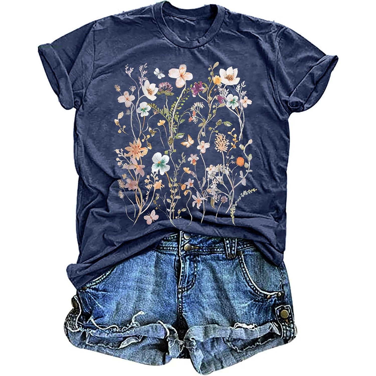 Women's Vintage Floral T Shirt Boho Wildflower Graphic Loose Tees Short Sleeve Casual Tops