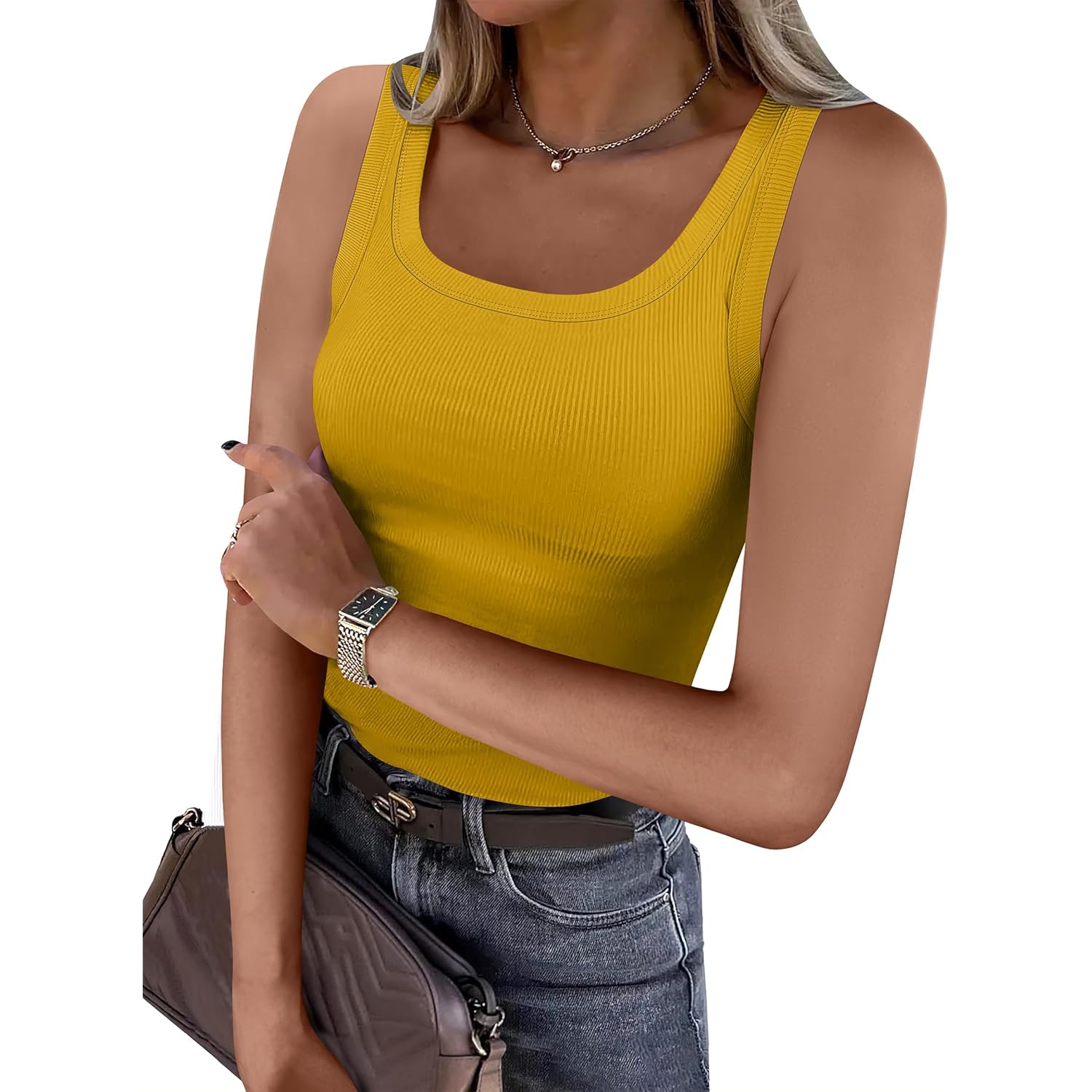 Women's Ribbed Scoop Neck Tank Top Yellow