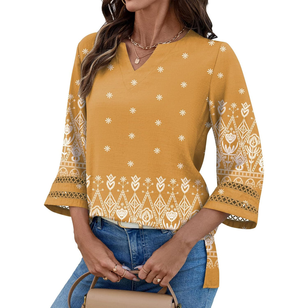 Women's Bohemian V-Neck Tunic Top Yellow Ethnic Print