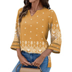 Women's Bohemian V-Neck Tunic Top Yellow Ethnic Print