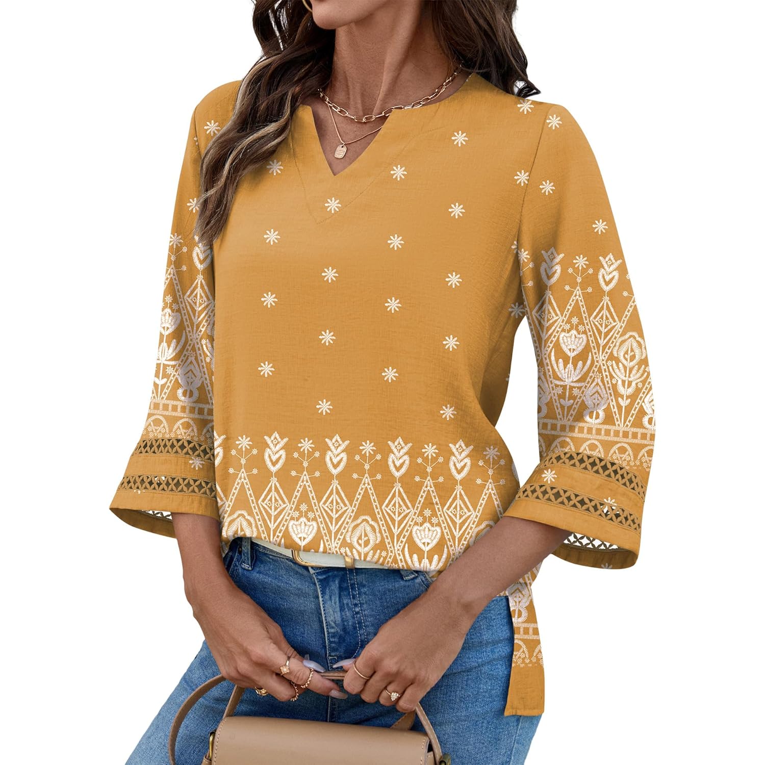 Women's Bohemian V-Neck Tunic Top Yellow Ethnic Print