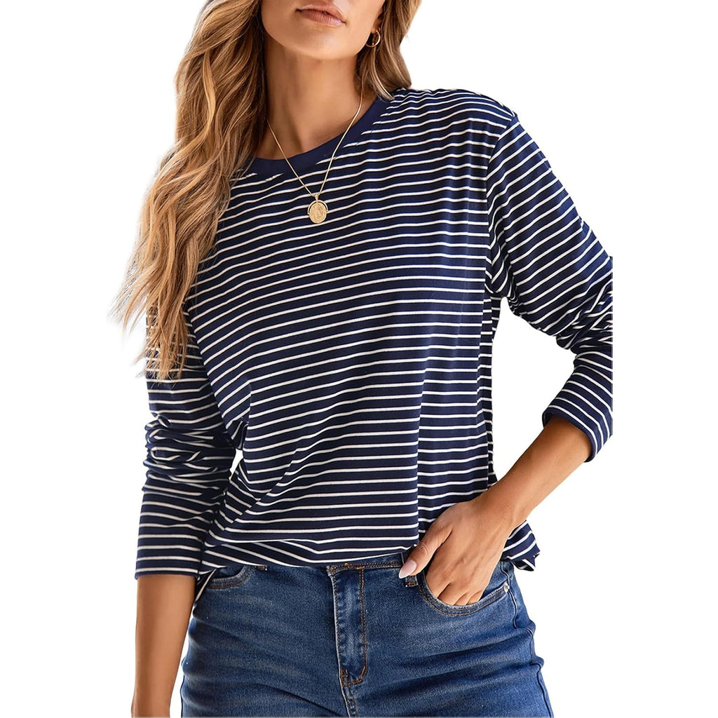 Dokotoo Women's 2026 Fall Summer Casual Long Sleeve Tops Lightweight Crew Neck Knit Basic Striped T Shirts