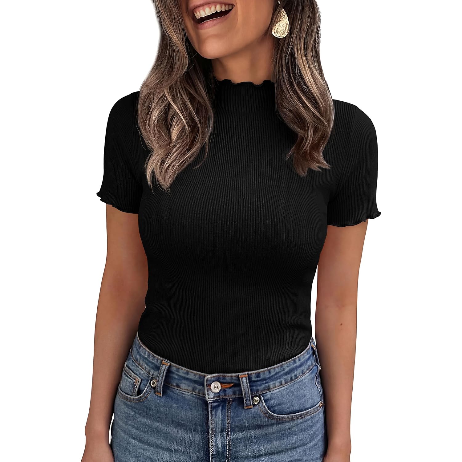 PRETTYGARDEN Short Sleeve T Shirts for Women Summer Clothes 2026 Casual Spring Tops Ruffle Mock Neck Ribbed Fitted Basic Tees