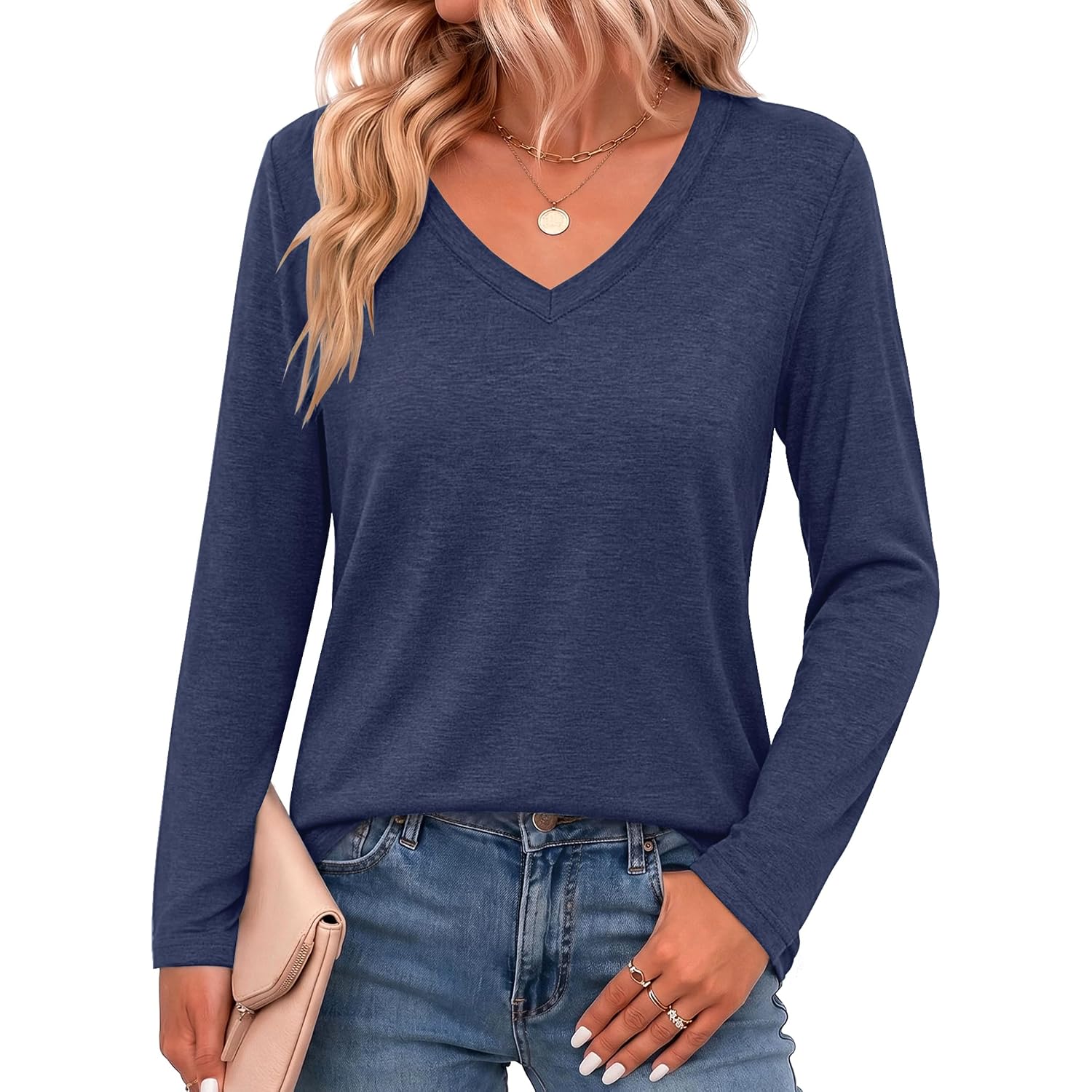 Zeagoo Womens Long Sleeve Shirts V Neck Basic Tee Tops Dressy Casual Business Work Blouses Fall Outfits S-3XL